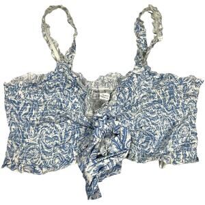 Japna Goa Beachwear Crop Top‎ Blue White Printed Smocked Tie Front NEW Women's S